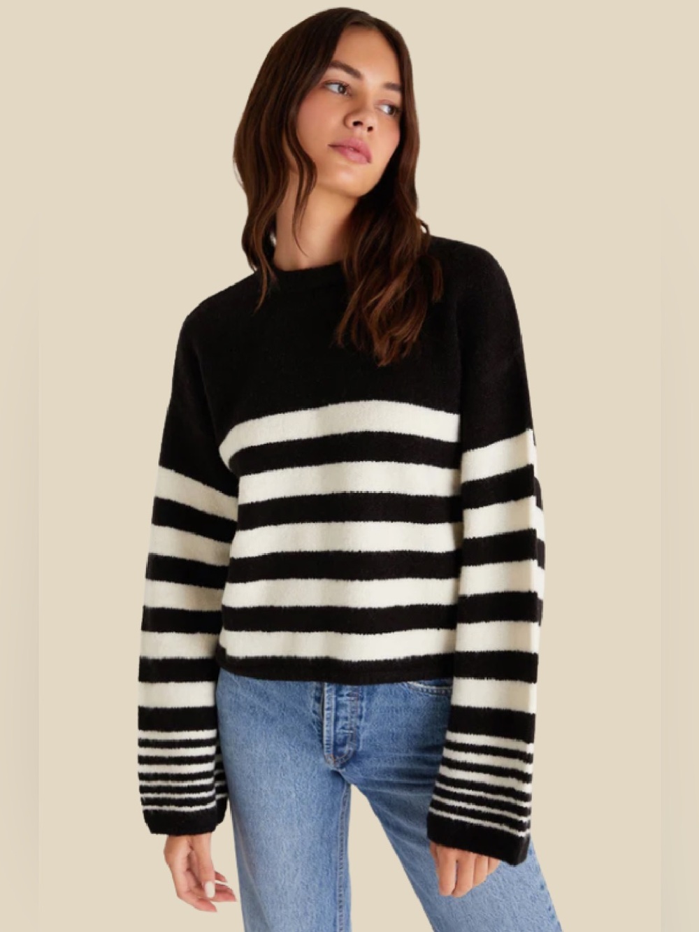 Z Supply Alivia Striped Wide Bell Sleeve Crewneck Sweater Large Black White